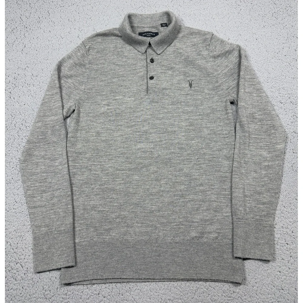 AllSaints Sweater Mens Small Gray 100% Merino‎ Wool Polo Knit Pullover MK005D